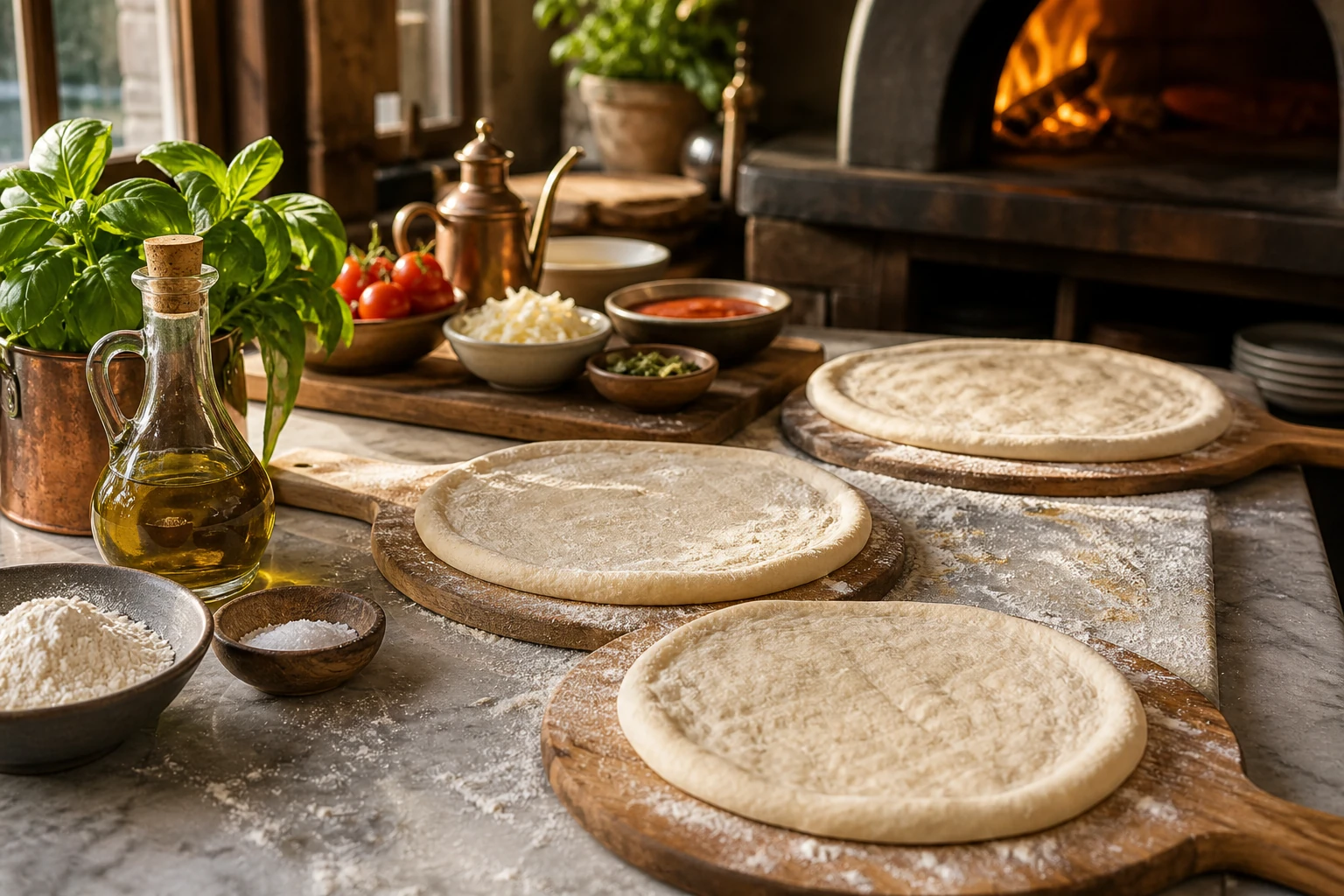 Pizza dough station with flour boards and calm warm kitchen light
