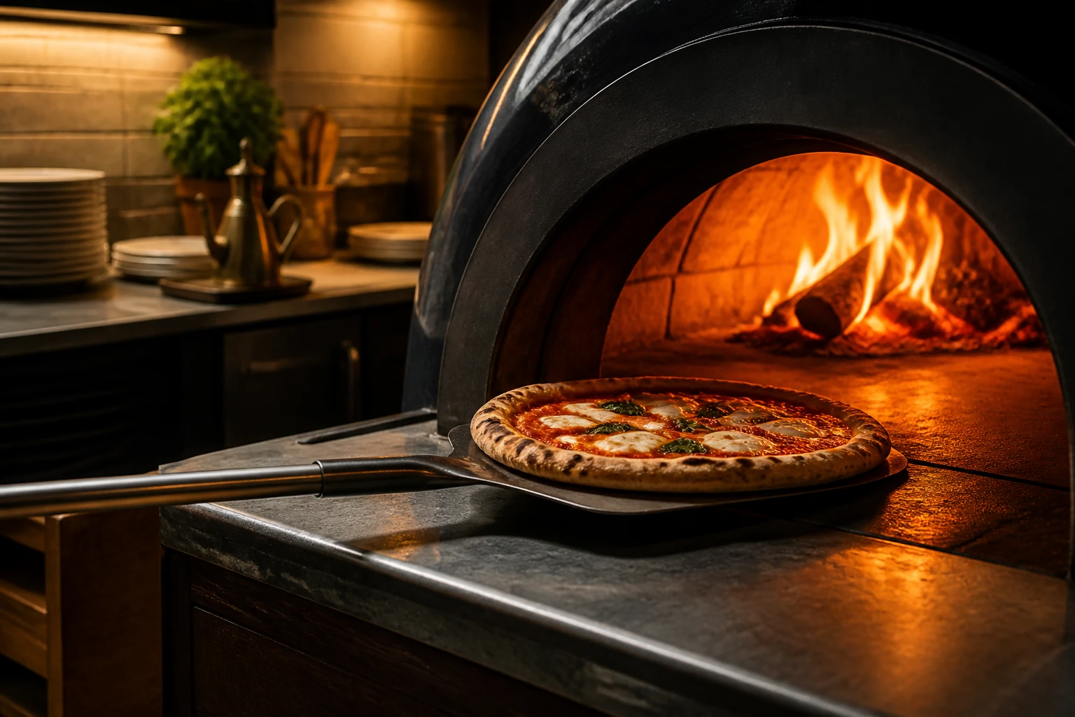 Pizza oven with visible flame and a pie moving toward the pass