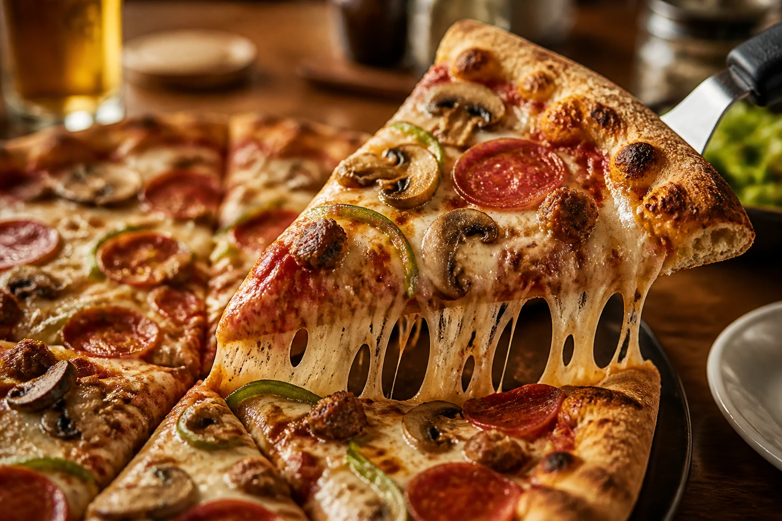 Close view of a signature pizza slice with melted cheese and crisp crust