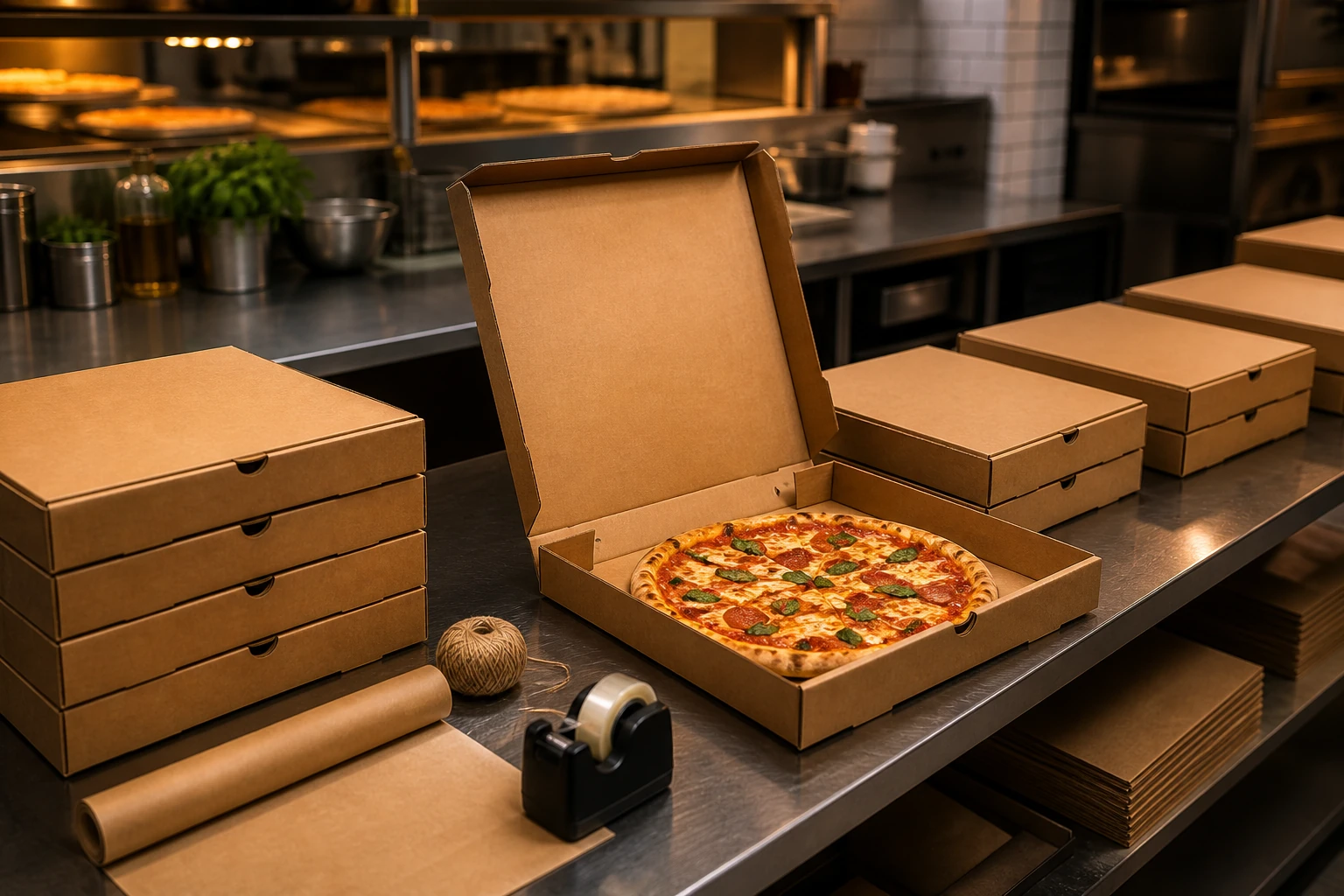 Pizza boxing line with branded-free boxes and organized order labels