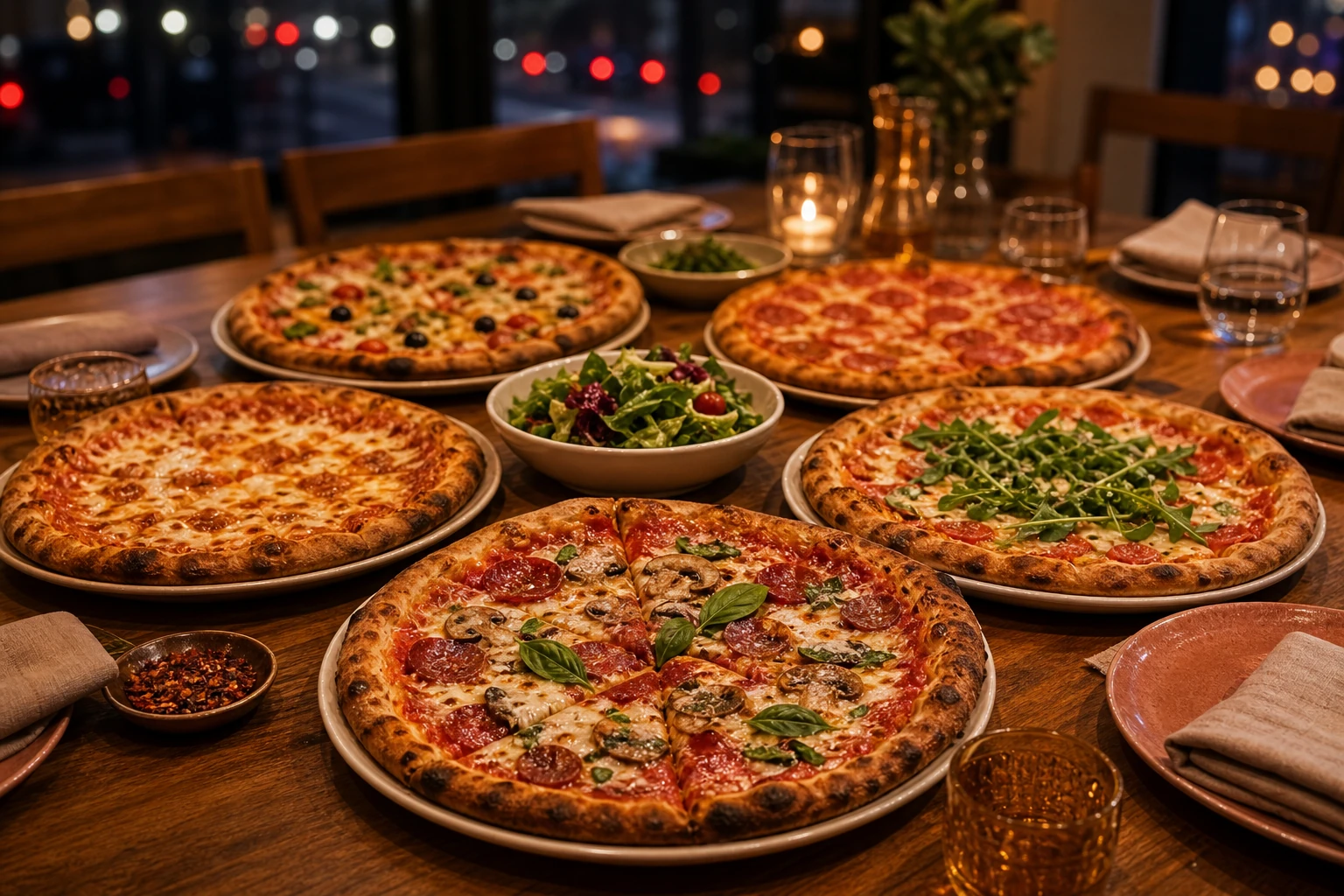 Family-style pizza table with sharing plates and soft evening light