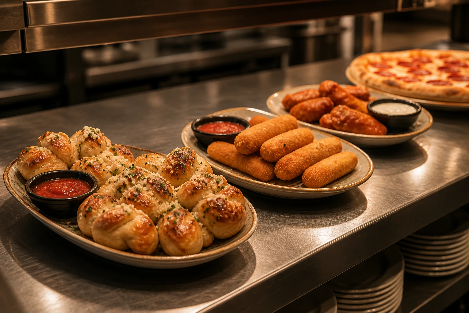 Sides and starter dishes leaving the kitchen pass with warm presentation
