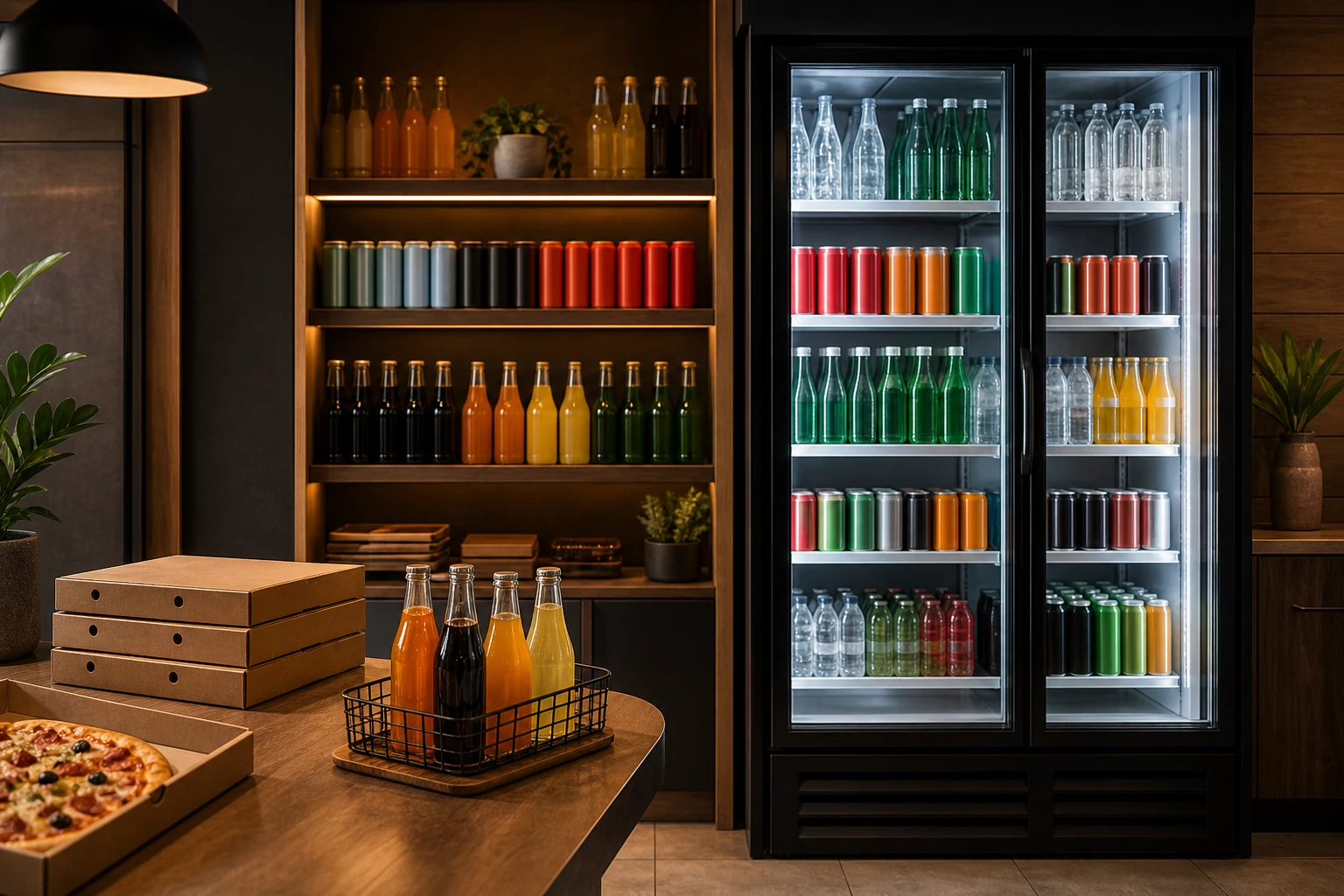 Drinks fridge and chilled beverages prepared for pizza delivery flow