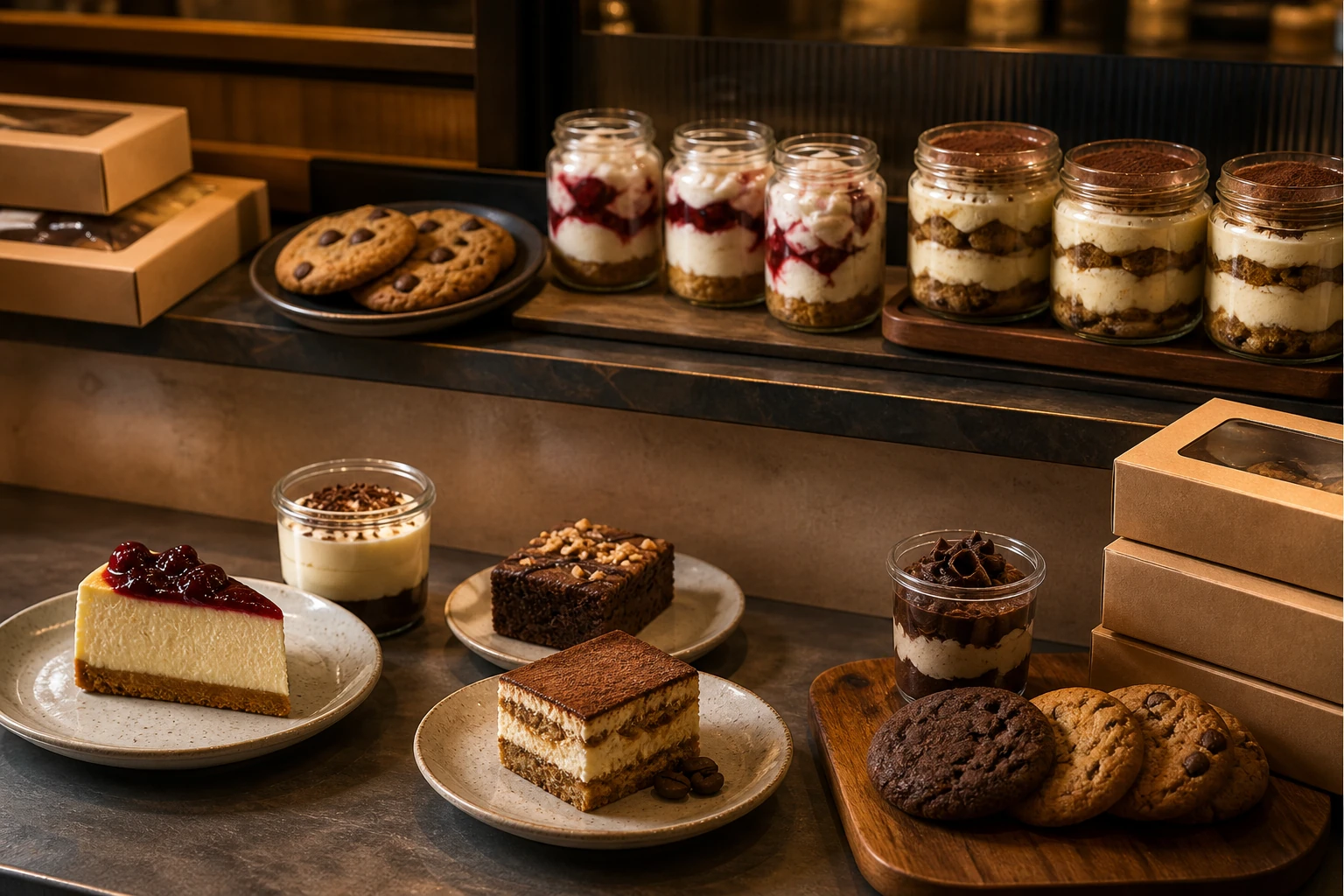 Dessert shelf with jars slices and takeaway-friendly finishing items