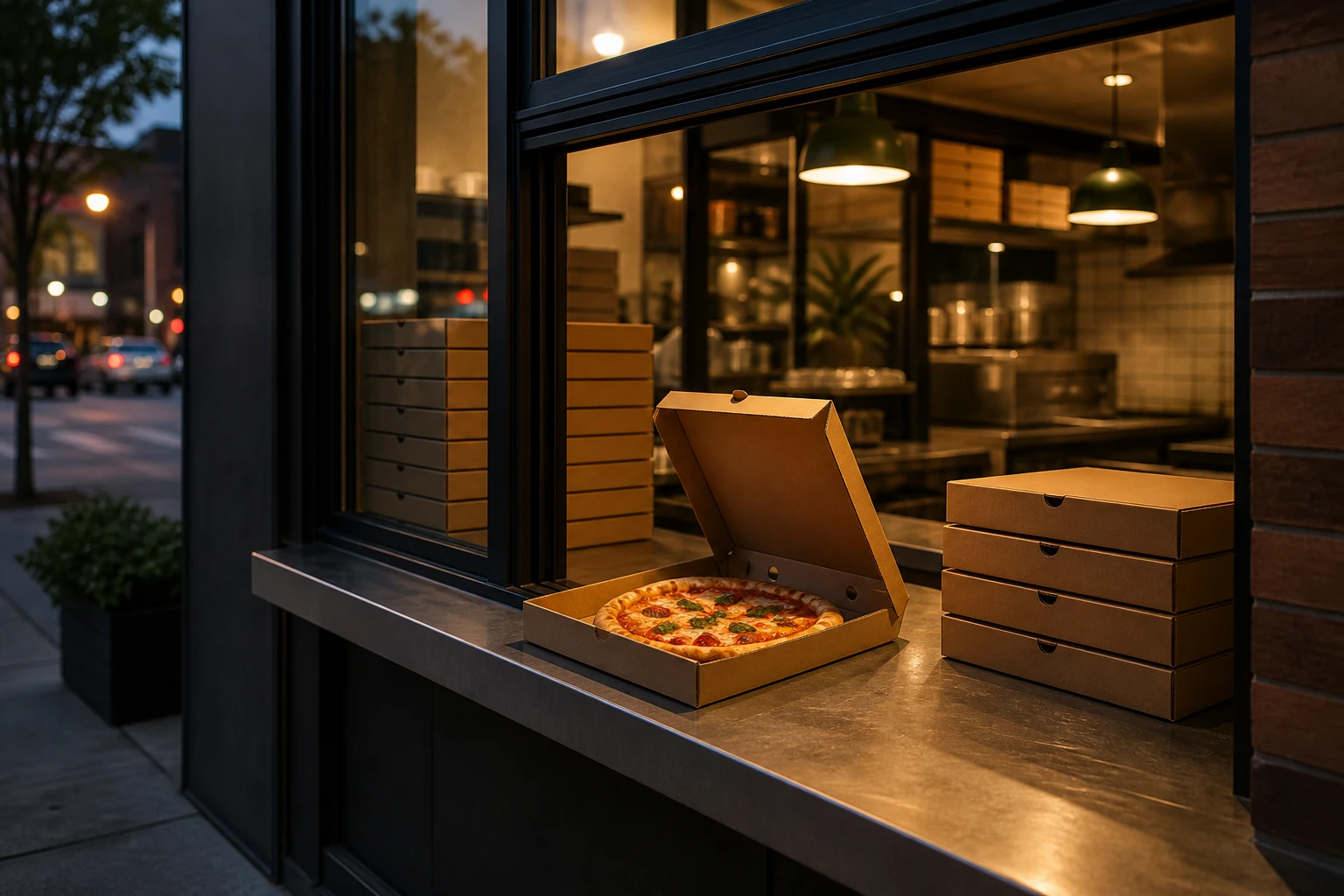 Pizza pickup window with warm glow and stacked order boxes