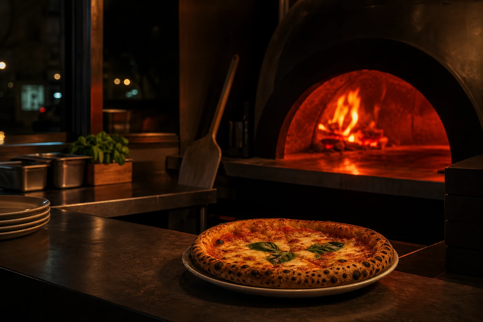 Late-night pizza oven scene with moody red kitchen lighting