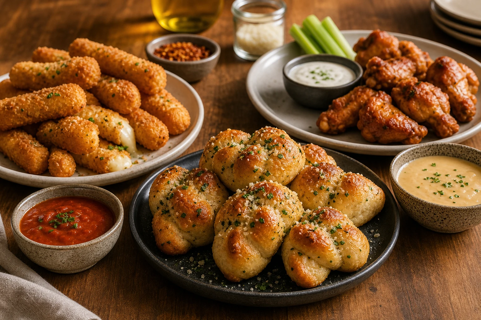 Garlic knots mozzarella sticks and sides arranged for a pizza-menu card